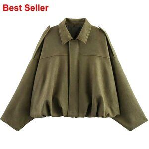 Oversized Faux Suede Bomber Jacket, Lapel Collar, Streetwear Pilot Coat
